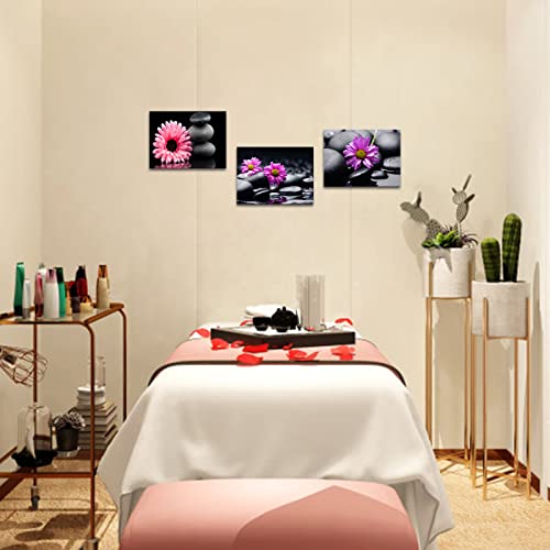 Lyerartork 3 Piece Zen Stone Canvas Wall Art Still Life Spa Painting Purple Daisy Flower Prints Modern Bathroom Treatment Artwork For Yoga Massage Meditation Calming Relaxing 12X16Inch Each Panel #TOP3