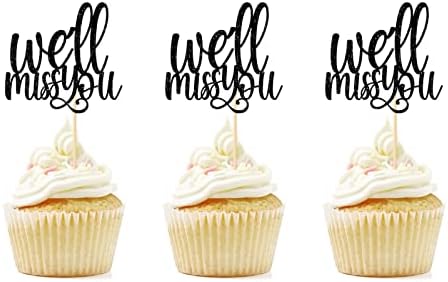 We Will Miss You Cupcake Toppers, 12 Pcs Retirement, Going Away, Job Change, Farewell Party Decorations, Black Glitter Dessert Sign for Graduation Party Ornaments, Pre-assembled, Double-sided