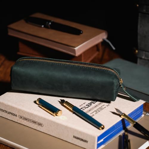 Image of ECHSRT Small Genuine Leather Pencil Pouch for Adults, Green | Crazy Horse Leather Finish, Compact Writing Instrument Storage