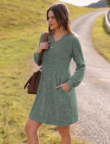 Sampeel Womens Fall Dress Casual V Neck Long Sleeve Lightweight Sweater Dress Vacation Travel Outfits 2024 Green S thumb #2