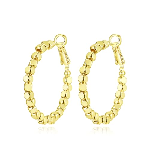 Yulovee 9Ct Gold Filled Hoop Earrings For Women,30Mm Round Gold Earrings With Beads For Teen Girls All.