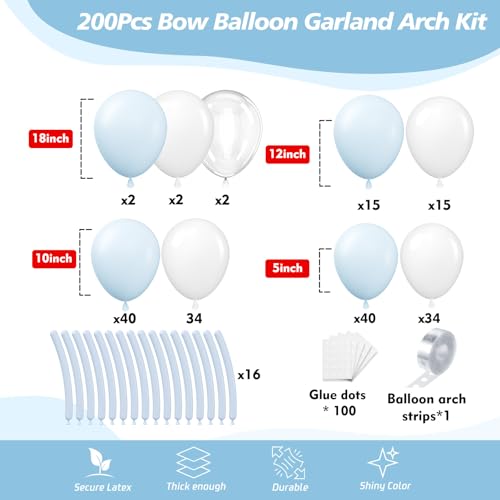 Image of 200Pcs Blue and White Balloon Garland Arch Kit - Light Blue White Balloons 18 12 10 5 Inch Different Size Balloons for Birthday Baby Shower Bachelorette Gender Reveal Party Decoration Supplies
