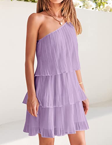 Image of ZESICA Women's Boho Summer One Shoulder Sleeveless Ruffle Tiered Layered Chiffon Pleated A Line Flowy Mini Dress