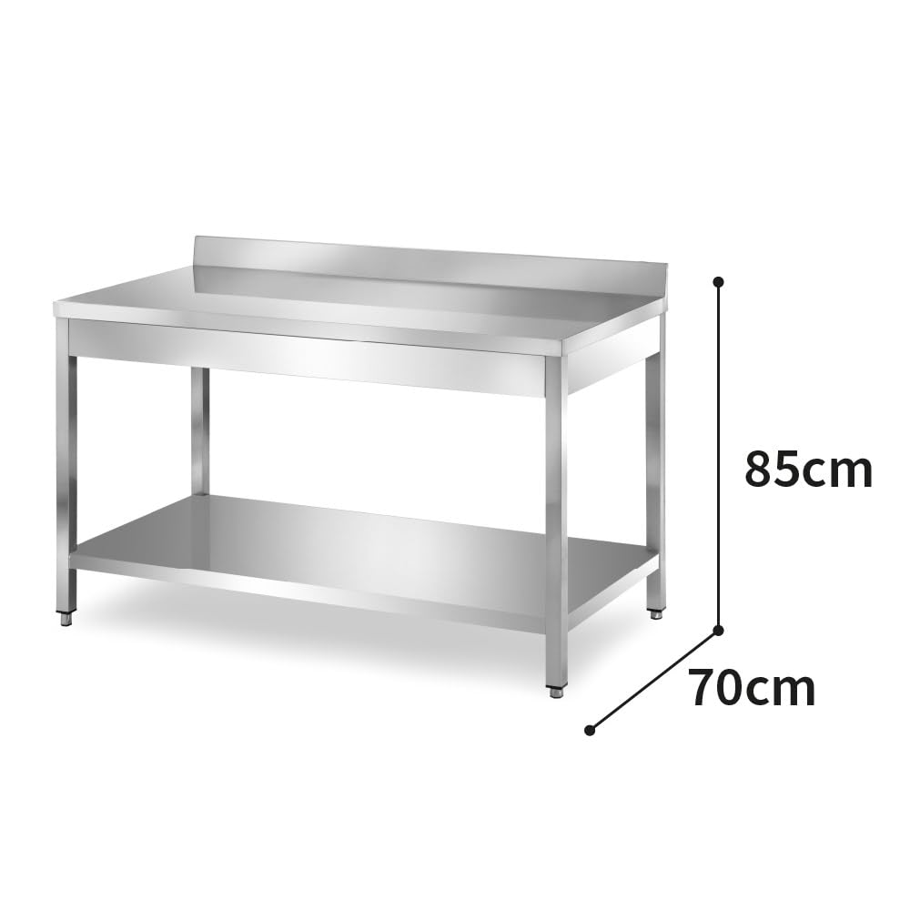 TECNA FOOD Tavolo da lavoro in acciaio INOX con ALZATINA e RIPIANO INFERIORE per cucine professionali bar hotel - profondità 70 cm - altezza 85 cm regolabile (70X70X85cm)
