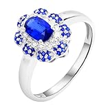 Wycian Anillo de racimo de flores, anillo de zafiro creado en laboratorio, oro blanco de 18 quilates, flor con zafiro de 0,737 quilates y diamante, talla U 1/2 macizo, no chapado, popular para mujeres