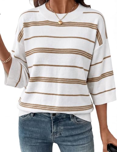 Image of Syphiby Womens Sweaters 3/4 Sleeve Striped Sweatshirts Casual Crew Neck Tops Spring Autumn Winter Knit Pullover Sweater Tops S-XXL Khaki