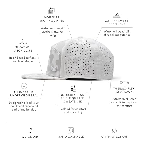 Image of melin Trenches Icon Hydro, Performance Snapback Hat, Water-Resistant Flat Bill Caps for Men & Women, Golf, Running or Workout