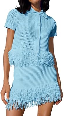 Fisoew Women's 2-Piece Crochet Outfit – Short Sleeve Button Knit Sweater & Fringe Skirt, Blue Summer...