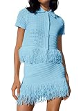 Fisoew Womens 2 Piece Crochet Outfits Short Sleeve Button Knit Sweater Tops Fringe Skirt Summer Vacation Sets Beach Cover Ups Blue