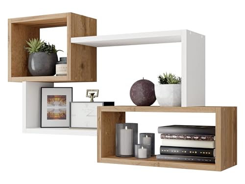 Mirjan24 Regal Trio 005, Wandregal Dekoregal, 87x54x18 cm, Wandboard, Hängeregal, Wandschrank, Hängeschrank, Regal, Buchregal, (Wotan/Weiß)