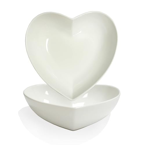 FLORWOD 2pcs Porcelain Heart Shaped Plates Deep Salad Plates, 8 inch Large Heart Bowls for Serving Dessert/Appetizer/Fruit, 32 oz/pc