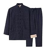 ZHOUXIAO Jacquard Baumwolle Leinen Kung Fu Bekleidung Tang Anzug Langarm Jacken Hosen, Tai Chi Uniform Chinesische traditionelle Kleidung, Zen Meditation Uniform Hanfu Martia Blue-XL