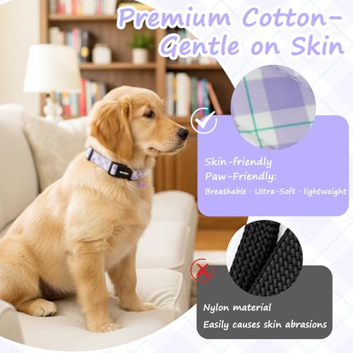 Astdogio Dog Collar with Purple Striped Checkered for Spring Summer, Adjustable Cotton Puppy Collar for Small Medium Large Girl Boy Dogs-L — view 4