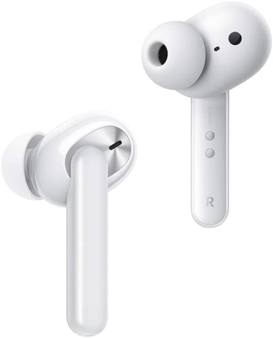 Two white OPPO Enco W31 earbuds, one showing the left earpiece and the other the right earpiece, highlighting their design.