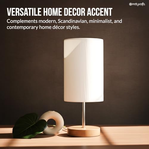 Image of PrettyKrafts Cylindrical Table Lamp with Wooden Base (Bulb Not Included) | 40 x 40 x 46 cm | Natural Color | Modern Decorative Bedside Desk Lamp, Nightstand & Living Room Lamp | Home Decor Lighting