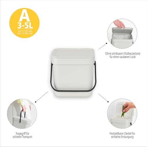 Brabantia Sort & Go Abfalleimer mit Deckel 3 L (hellgrau), platzsparender Biomüll Behälter mit Griff, abnehmbarer, feststellbarer Deckel, leicht zu reinigender kleiner Mülleimer ohne Ecken und Ränder