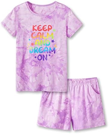 Girls Pajamas 2-Piece Cute Summer Shirt & Shorts– Violet Tie Dye Outfit Sleepwear Size 12