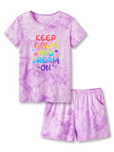 Girls Cute Summer Shirt & Shorts 2-Piece Pajamas – Violet Tie Dye Outfit Sleepwear Size 14 #TOP9