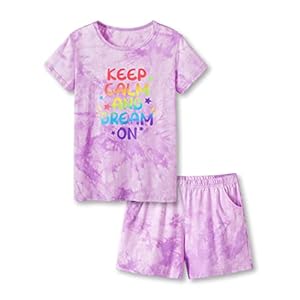 Beezizac Tie Dye Pajamas for Girls – 100% Cotton Glitter Butterfly Cat Summer Short Sleeve PJ Set Tween Clothes Size 4T – 18