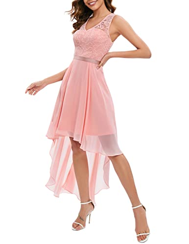 Bridesmay Women Bridesmaid Dresses Sleeveless V-Neck Cocktail Lace Dress Modest High Low Homecoming Summer Dance Dress Blush Xl #TOP1