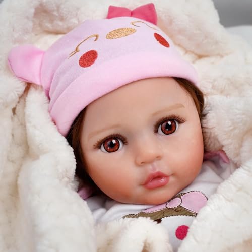 20" Realistic and Cute Reborn Baby Girl - Opened Her Eyes with Bright Brown Hair -Gift for Kids and Doll Enthusiasts. Handcrafted Lifelike Doll with Gift Box Perfect Birthday or Holiday Present