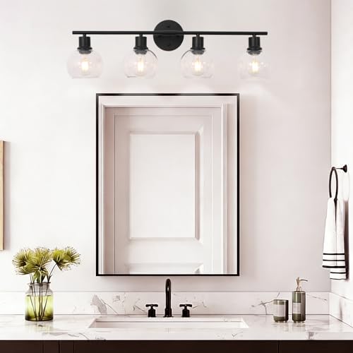 KRASTY Black 4-Light Bathroom Vanity Light Fixtures, Modern Bathroom Lights with Clear Glass Globe Shade, 27" Vanity Lights for Mirror Bathroom Living Room Bedroom by KRASTY - Used condition - Image 7