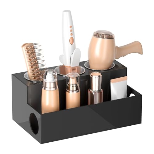 Evzvwruak Organizador de herramientas para el cabello, soporte para secador de pelo, soporte para secadora de pelo, almacenamiento para tocador, baño, con 3 tazas, color negro