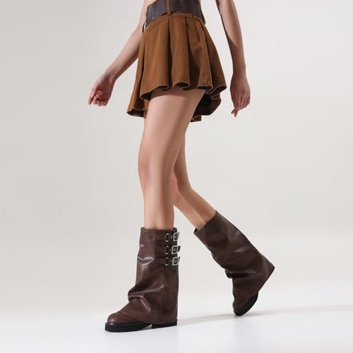 CAGLGLZ Mid Calf Slouchy Boots for Women Square Toe Fold Over Motorcycle Riding Boots With Buckle Wide Calf Casual Comfortable Moto Biker Shoes Brown by CAGLGLZ - Used condition - Image 3