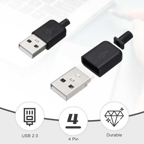 QUARKZMAN 20Stück USB 2.0 Typ A Stecker Verbinder 4 Pin Lötanschluss Mit 3mm Kabelbohrung Für DIY Kabelreparatur-Set Netzteil Mikrocontroller-Projekte Weiß/Schwarz 36.5x14.8mm