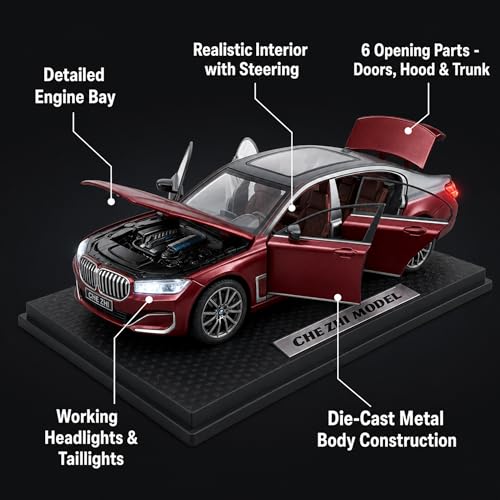 Image of BMW 7 Series 1:24 Scale Die Cast Metal Car - Pull Back Luxury Sedan with Openable Doors, Hood & Trunk, Panoramic Sunroof, Lights & Sound, Collectible Showpiece for Kids 6+ & Car Enthusiasts