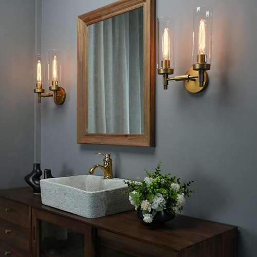 Image of Phansthy Rustic Industrial Wall Sconce Light with 3.14 inch /8cm Tubular Clear Glass Lampshade (Double Sconce Antique)