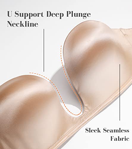 HACI Women's Plunge Deep U Strapless Bra Push Up Demi Seamless Underwire(Beige,34D)