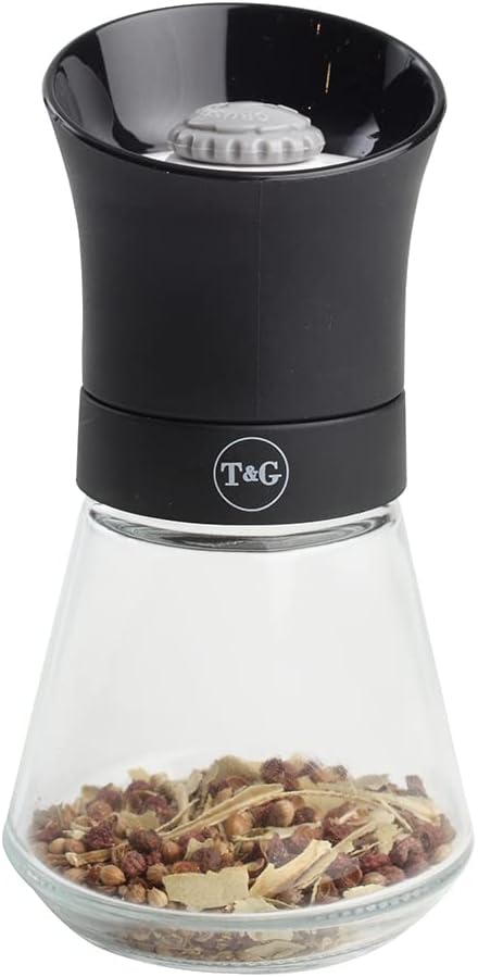 T&G CrushGrind Spice Mill with Removable Glass Base, 12.5 cm, Black, Herbs Spices Seeds Chilli Flakes/Manual Grinder