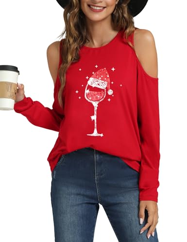 Festive Christmas Tees Women Off Shoulder Long Sleeve 23 christmas tees - red 1