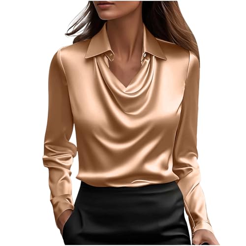 Women's Turn Down Collar Satin T Shirts Gold Ladies Ice Silk Long Sleeve Tops Sweatshirts Solid Color Round Neck Plus Size Blouse Casual Loose Tunic Activewear Pullover
