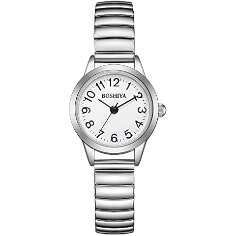 BOSHIYA Women's Easy Reader 23mm Stainless Steel Expansion Band Watchs for Small Wrist Cover