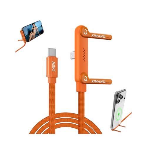 Image of Invisible Holder Charger Cable, 240W USB C to Lightning Cable 1.5M /4.9FT Braided Fast Charging Cord, 90 degree Connector & 360 Adjustable Stand for iphone, Gaming, Home, Office, Orange, 1 PACK