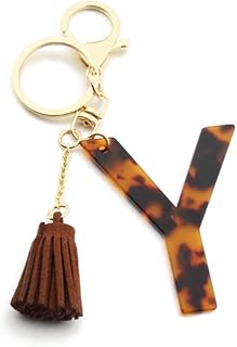 Boho Acrylic English Letter Keychain for Men Women, Faux Tortoise Shell Keyring Pendant for Car Keys with Tassel