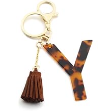 Boho Acrylic English Letter Keychain for Men Women, Faux Tortoise Shell Keyring Pendant for Car Keys with Tassel