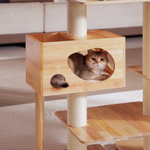Image of Wood Cat Tree for Indoor Cats, Modern Cat Tower, Unique Cat Condo with House, Tall Luxury Furniture with Heavy Duty Wide Base, Kraft Paper Rope Scratching Post, Removable Cushion (96.5-118.1 inch)