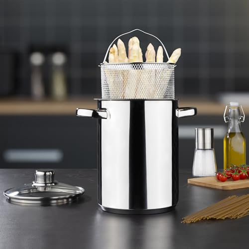 Foto von mucHome Nudeltopf & Spargeltopf hoher Topf mit Siebeinsatz, für 4 Liter Induktionsgeeignet, Edelstahlgriffe mit Glasdeckel, ideal für Spargel oder Spaghetti Kochtopf