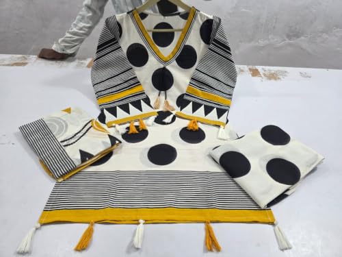 Image of Women's Pure Cotton 60-60 Printed Short Anarkali Kurta, Pant, and Dupatta Set with Front Dori and Heavy Tassels (Polka Dot Black & Cream)