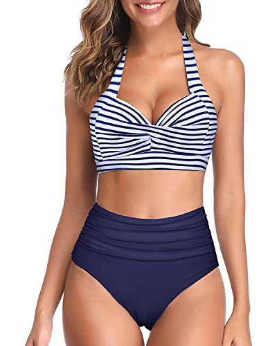 Image of Tempt Me Women Two Piece Swimsuit High Waisted Bikini Halter Vintage Retro Bathing Suit Push up Swimwear