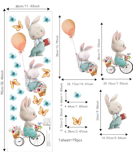 Image of Cute Bunnies with Flower Balloon Butterfly Wall Stickers for Kids Room Bedroom Living Room Door Study Boho Nursery Wall Decoration Wall Sticker for Baby Boy Girl Room Playroom Decor