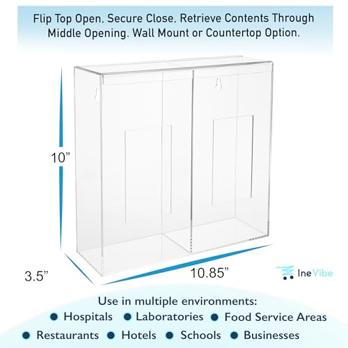 Image of IneVibe Double Hygiene Holder - 2 Compartment Acrylic Dispenser with Lid for Hairnets, Glove Boxes, Face Masks, Plastic Bags, Tissue Boxes in Home or Medical Setting - Counter or Wall Mount (Double)