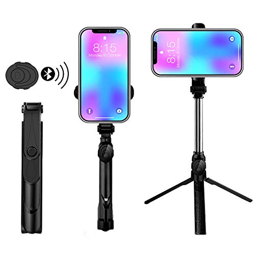 E-ACE Bluetooth Selfie Stick Tripod Extendable 3 in 1 with Wireless Remote and Tripod Stand,Compatible with iPhone and Android Phone Sports Camera Support Devices with Width up to 3.15'' (Black)