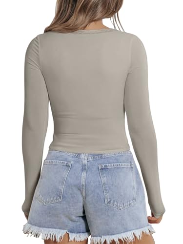 PINKMSTYLE Women's V-Neck Lace Trim Long Sleeve Fitted Top Double Layer Stretchy Shirt for Casual, Work, Date Night Apricot XX-Large — view 5
