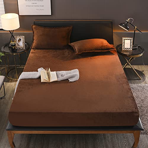 Flannel Fitted Sheet Full Size,Velvet Fitted Sheet Plush Shaggy Ultra Soft Fuzzy Sheet With 15''Deep Pocket,Coffee,1 Pack(Not Include Pillowcases) #TOP6