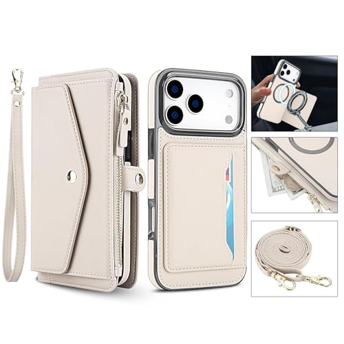 Étui en cuir iPhone 17 Pro Max blanc chic avec fermeture éclair et bandoulière