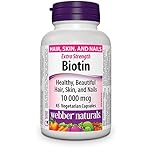 Webber Naturals Biotin Extra Strength, 10,000 mcg of Biotin Per Capsule, 45 Capsules, Supports Healthy Hair, Skin & Nails, Vegan